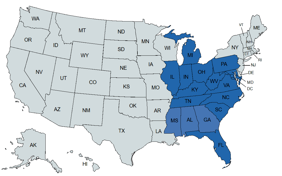 MTM Enterprises service area map highlighting states across the eastern United States